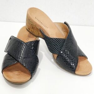 Vionic Paradise Leticia Wedge Slide Sandal Size 9 Adjustable Straps Black Cork